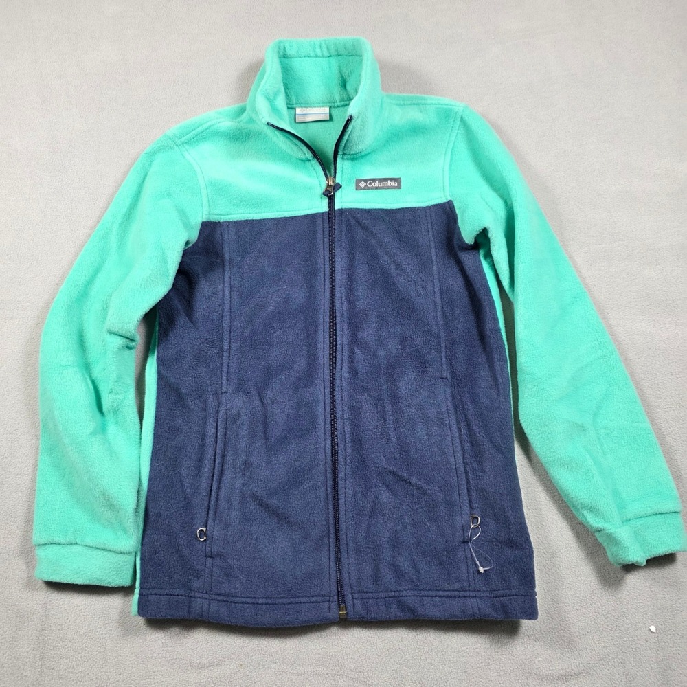 Columbia Fleece Girls Medium Teal Navy Full Zip Colorblock Jacket